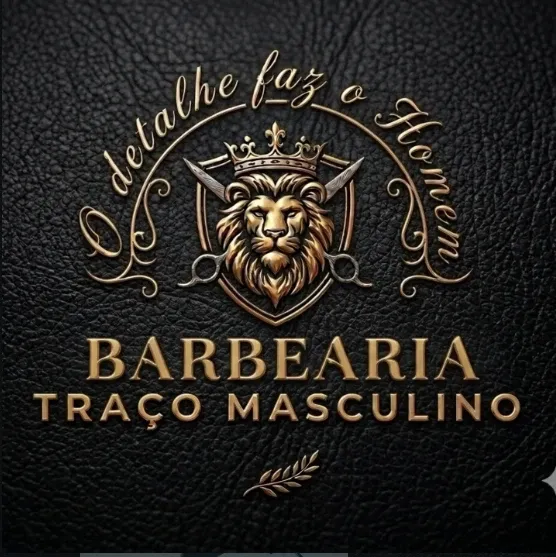 Logótipo Barbearia Traço Masculino: leão coroado num escudo com tesouras e navalhas, e o lema "O detalhe faz o Homem"